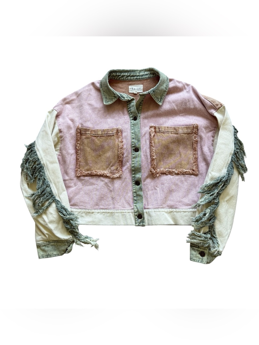 Oli & Hali Fringe Denim Jacket Large Pink Green Western Boho Colorblock Cropped